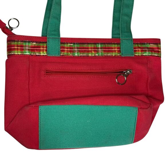 Red and Green Canvas Embroidered Christmas Handbag Purse Snowman Tree Presents - Picture 4 of 12